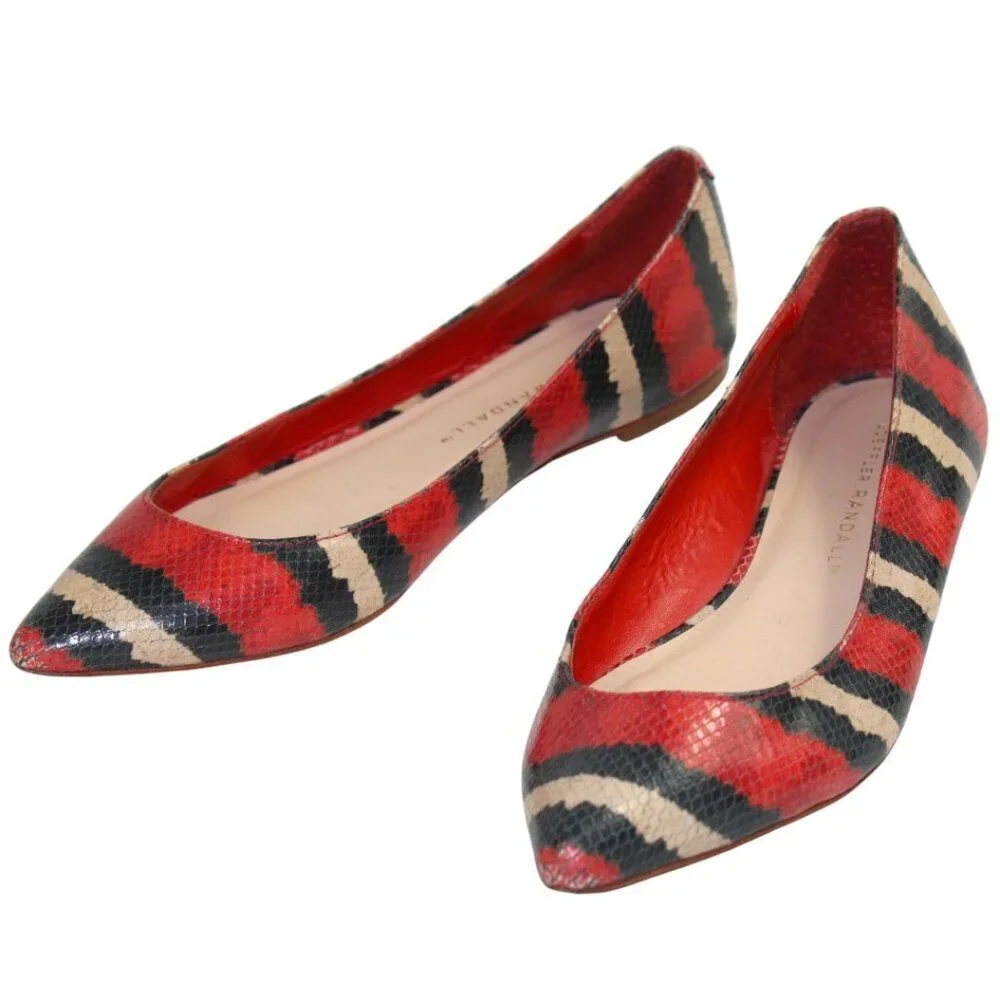 Loeffler Randall Statement Striped Pointed Toe Flats Red Black White Size 6